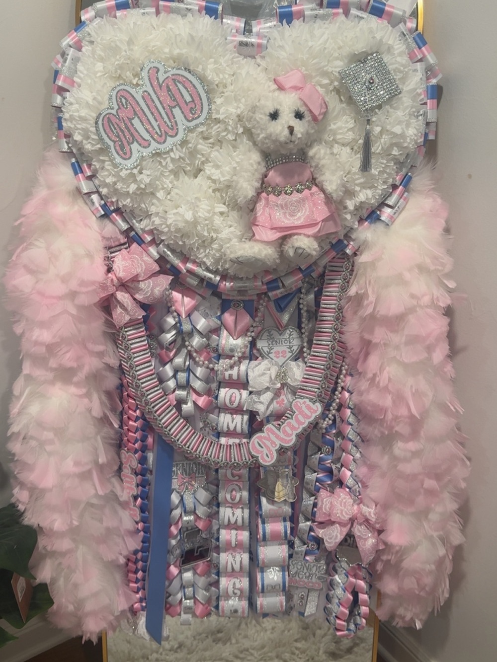 Personalized Pink & White Plush Homecoming Mum with Teddy Accent